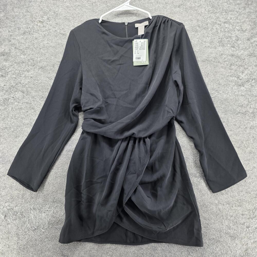 H&M Dress Womens S Black Sheath Short Long Sleeve Draped Lined Cocktail